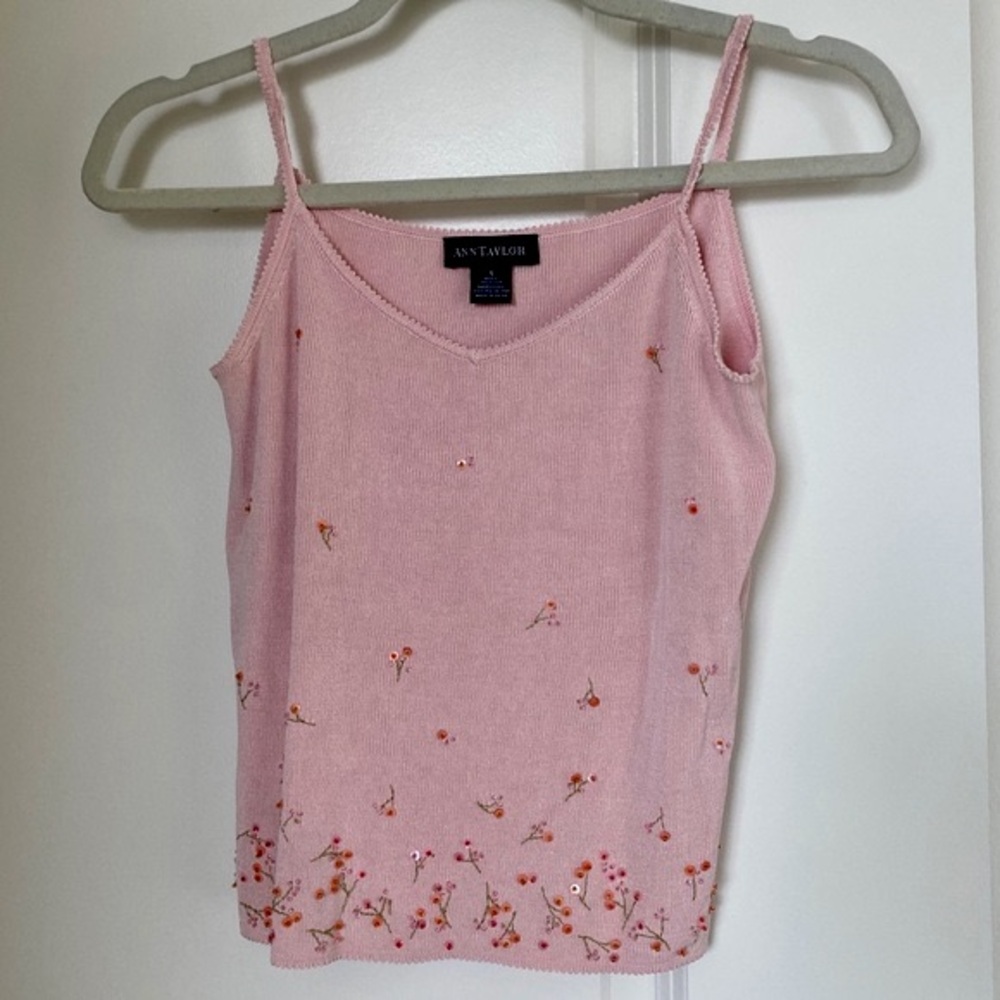 Vintage Y2K Coquette Pink Silk Knit Sequin Embroidered Tank Top Cami Ann Taylor - Picture 13 of 13